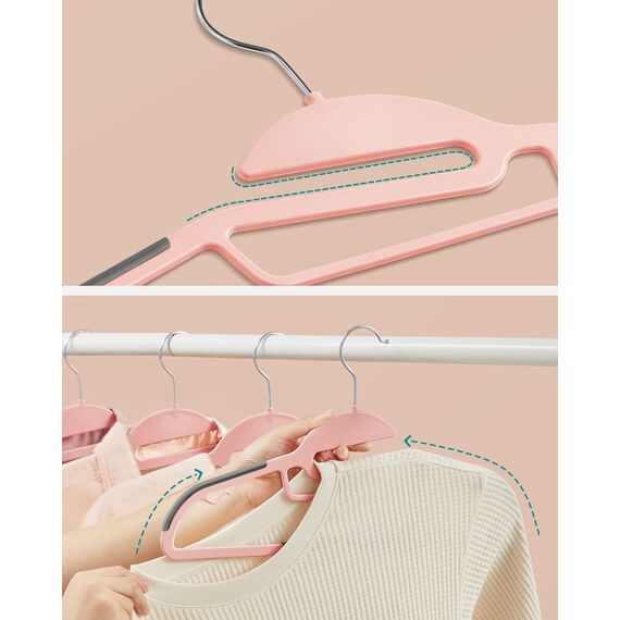 SONGMICS Kleiderbügel Kunststoff, 50er Set, Bügel mit U-förmiger Öffnung, platzsparend, 0,5 cm dick, 41,5 cm breit, um 360° drehbarer Haken, rosa-dunkelgrau CRP041P02