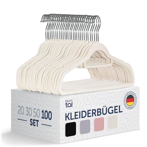 Blumtal Samt-Kleiderbügel, rutschfest, um 360° drehbar, für Mäntel, Anzüge, Hemden und Hosen, 100 Stück, Elfenbein