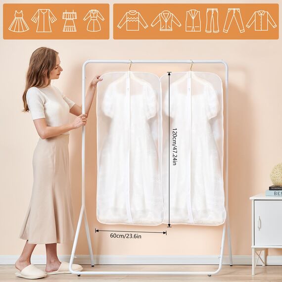 GoMaihe Kleidersack 8-Stück 60CM×120CM Lang Transparent Anzug: Kleidersäcke mit Reißverschluss für Anzüge Kleider Hemden Jacken Mäntel Kleidung Aufbewahrung Weiß