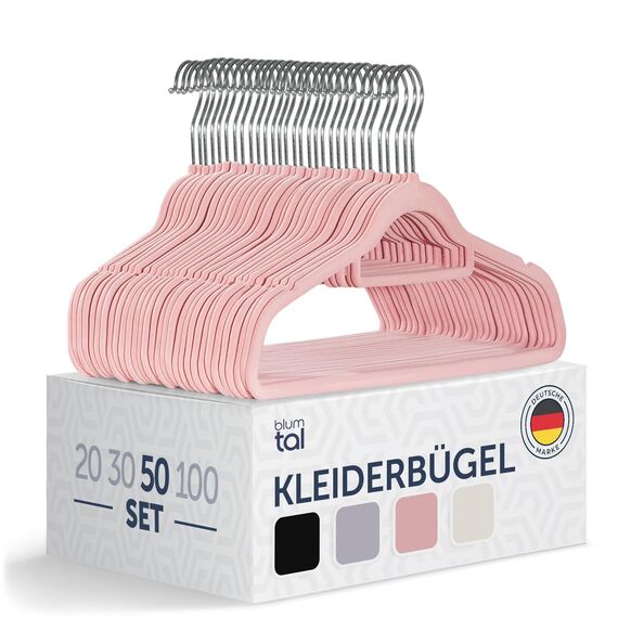 Blumental Kleiderbügel 50 Stück - 360° Drehbar und Rutschfest - Platzsparend in Rosa mit Samtbezug