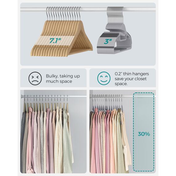 SONGMICS Kleiderbügel Kunststoff, 50er Set, Bügel mit U-förmiger Öffnung, platzsparend, 0,5 cm dick, 41,5 cm breit, um 360° drehbarer Haken, hellgrau-dunkelgrau CRP41G-50