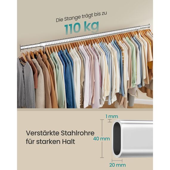 SONGMICS Kleiderständer auf Rollen, Garderobenständer, hochbelastbar, ausziehbare Kleiderstange, bis 110 kg belastbar, 45 x (160-200) x 162,9 cm, aus Metall, verchromt, silbern HSR176E01