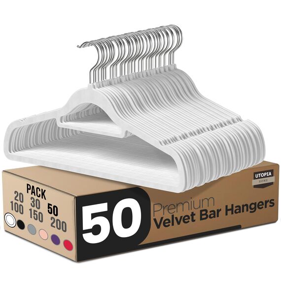 Utopia Home 50 Stück Samt-Kleiderbügel mit Krawattenstange – robuste, rutschfeste Premium-Kleiderbügel für Erwachsenenkleidung – 360 Grad drehbarer Haken, Weiß