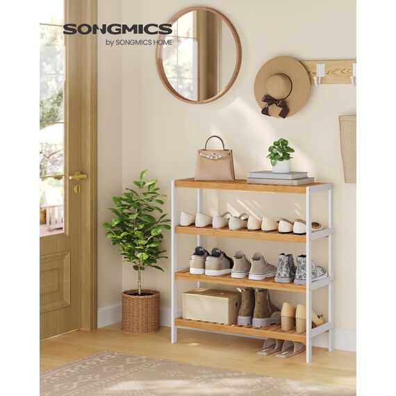 SONGMICS Schuhregal aus Bambus, Schuhablage mit 4 Ebenen, Schuh-Organizer, Regal für Schuhe, Pflanzen, Bücher, Flur, Wohnzimmer, Schlafzimmer, 26 x 70 x 75,5 cm, weiß-naturfarben LBS007KZ01