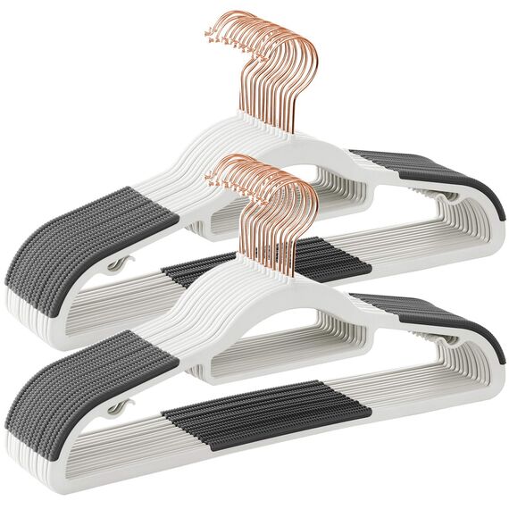 SONGMICS Kleiderbügel 30er Set, Bügel aus Kunststoff, rutschfest, platzsparend, Dicke 0,5 cm, 42 cm lang, um 360° drehbarer Haken in Roségold, weiß-dunkelgrau CRP020W01