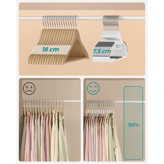 SONGMICS Kleiderbügel Kunststoff, 50er Set, Bügel mit U-förmiger Öffnung, platzsparend, 0,5 cm dick, 41,5 cm breit, um 360° drehbarer Haken, weiß-dunkelgrau CRP041W04