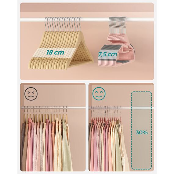 SONGMICS Kleiderbügel Kunststoff, 20er Set, Bügel mit U-förmiger Öffnung, platzsparend, 0,5 cm dick, 41,5 cm breit, um 360° drehbarer Haken, rosa-dunkelgrau CRP041P01