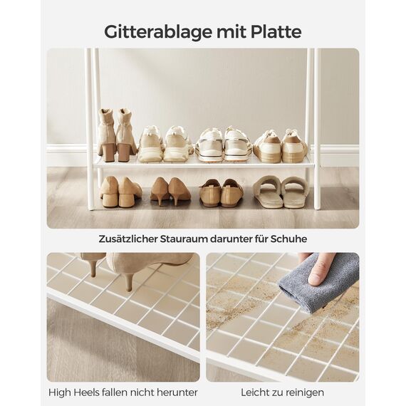 SONGMICS Kleiderständer, Garderobe, Garderobenständer, Kleiderablage, Stahlrahmen, mit Stange und Regal, 33,5 x 92,5 x 153 cm, für Schlafzimmer, Garderobe, Waschküche, Weiß HSR023W01