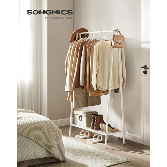 SONGMICS Kleiderständer, Garderobe, Garderobenständer, Kleiderablage, Stahlrahmen, mit Stange und Regal, 33,5 x 92,5 x 153 cm, für Schlafzimmer, Garderobe, Waschküche, Weiß HSR023W01
