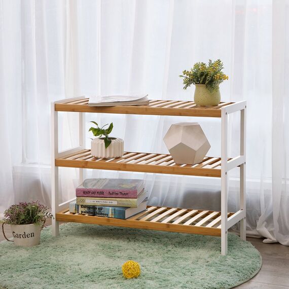 SONGMICS Schuhregal aus Bambus, Schuhablage mit 3 Ebenen, Schuh-Organizer, Regal für Schuhe, Pflanzen, Bücher, Wohnzimmer, Flur, Schlafzimmer, Badezimmer, 26 x 70 x 55 cm, weiß-naturfarben LBS03H
