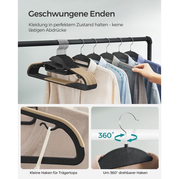 SONGMICS Kleiderbügel Kunststoff, 20er Set, Bügel mit U-förmiger Öffnung, platzsparend, 0,5 cm dick, 41,5 cm breit, um 360° drehbarer Haken, schwarz-braun CRP041B02