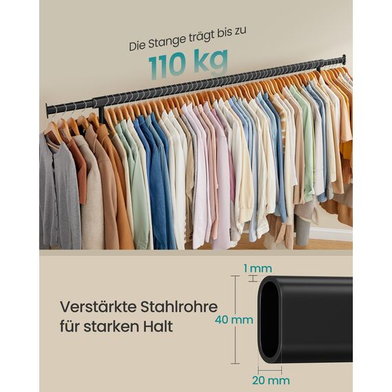SONGMICS Kleiderständer auf Rollen, Garderobenständer, hochbelastbar, ausziehbare Kleiderstange, bis 110 kg belastbar, 45 x (160-200) x 162,9 cm, aus Metall, verchromt, mattschwarz HSR176B01