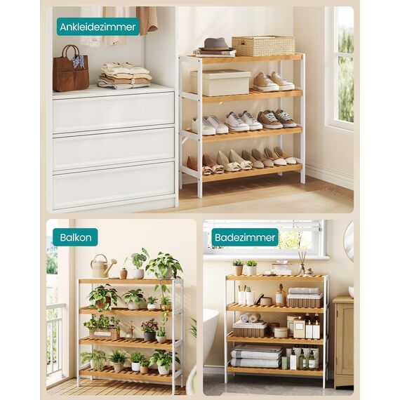 SONGMICS Schuhregal aus Bambus, Schuhablage mit 4 Ebenen, Schuh-Organizer, Regal für Schuhe, Pflanzen, Bücher, Flur, Wohnzimmer, Schlafzimmer, 26 x 70 x 75,5 cm, weiß-naturfarben LBS007KZ01