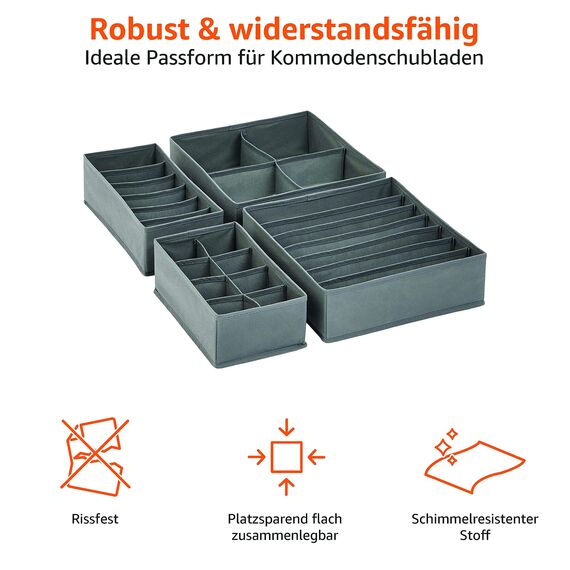 Amazon Basics Schubladen-Organizer für Unterwäsche, 4 Stück, grau