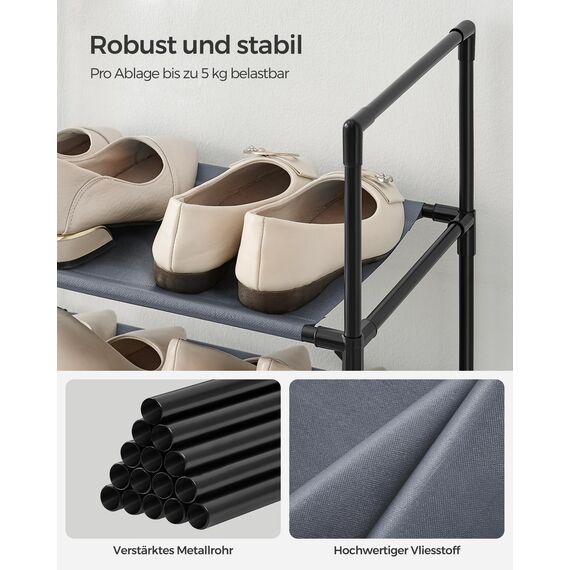 SONGMICS Schuhregal, 10 Ebenen, Schuhablage, Schuhaufbewahrung, schmal, 28 x 45 x 173 cm, Metallgestell, Ablagen aus Vliesstoff, für Flur, Schlafzimmer, grau LSH010G01