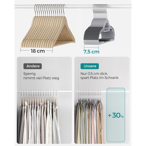 SONGMICS Kleiderbügel 30er Set, Bügel aus Kunststoff, rutschfest, platzsparend, Dicke 0,5 cm, 42 cm lang, um 360° drehbarer Haken in Silber, hellgrau-dunkelgrau CRP20G30