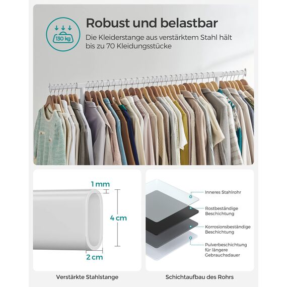 SONGMICS Kleiderständer auf Rollen, Garderobenständer, hochbelastbar, ausziehbare Kleiderstange, bis 130 kg belastbar, 45 x (110-150) x 162,9 cm, aus Metall, verchromt, mattweiß HSR011W01