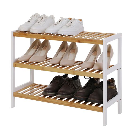 SONGMICS Schuhregal aus Bambus, Schuhablage mit 3 Ebenen, Schuh-Organizer, Regal für Schuhe, Pflanzen, Bücher, Wohnzimmer, Flur, Schlafzimmer, Badezimmer, 26 x 70 x 55 cm, weiß-naturfarben LBS03H