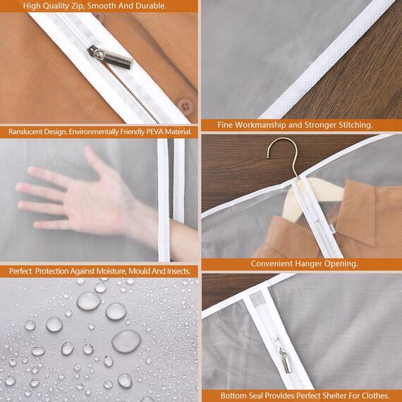 GoMaihe Kleidersack 8-Stück Lang 60CM×160CM Transparent Anzug: Kleidersäcke mit Reißverschluss für Anzüge Kleider Abendkleider Jacken Mäntel Kleidung Aufbewahrung Weiß