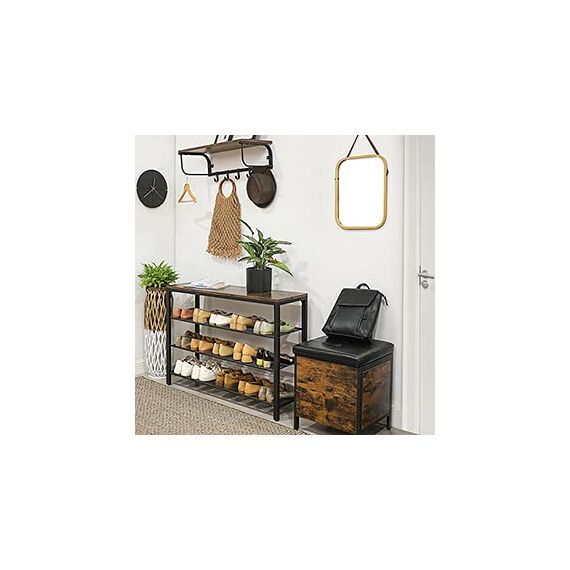 VASAGLE Schuhregal, Schuhablage mit 3 Gitterebenen und großzügiger Oberfläche für Taschen, für den Eingangsbereich, Flur, Metall, Industrie-Design, vintagebraun-schwarz LBS14BX