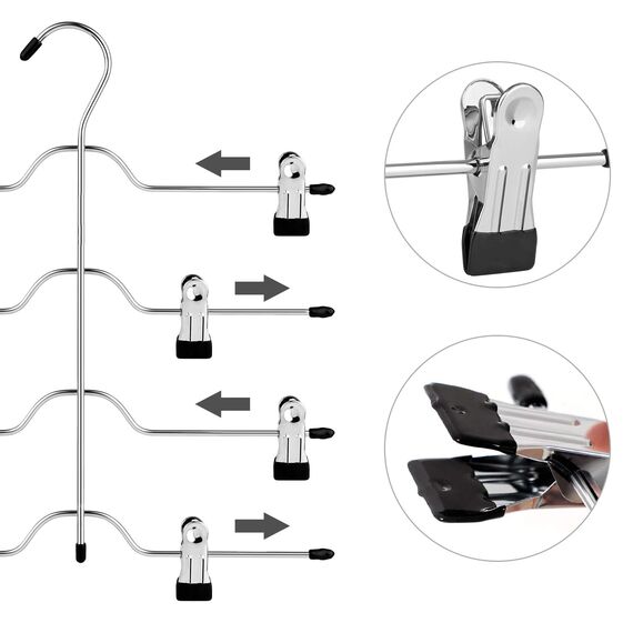 SONGMICS HosenbÜgel platzsparend, Mehrfach-RockbÜgel mit Clips, 6er Set, KleiderbÜgel aus Metall, fÜr je 4 Hosen, mit 8 verstellbaren Klammern, rutschfest, fÜr Hosen, 32 cm, silbern-schwarz CRI042B02