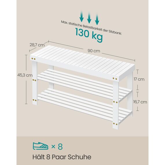 SONGMICS Schuhbank, Schuhregal mit 3 Ebenen, Schuhablage aus Bambus, bis 130 kg belastbar, 28,7 x 90 x 45,3 cm, für Flur, Badezimmer, Schlafzimmer, wolkenweiß LBS090W01