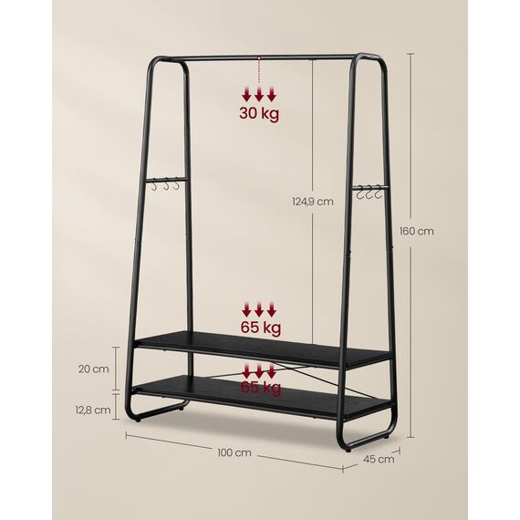 VASAGLE Kleiderständer, Garderobenständer, Garderobe, 2 Ablagen, 6 Haken in S-Form, Stahlgestell, 45 x 100 x 160 cm, für Schlafzimmer, Flur, Eingangsbereich, ebenholzschwarz-mattschwarz RGR112B03