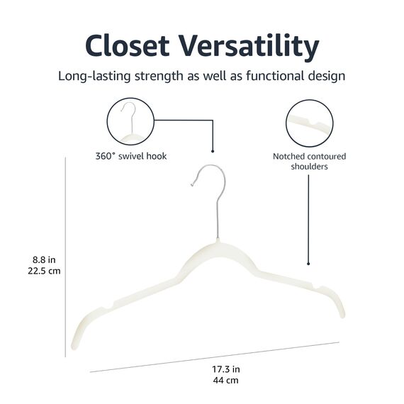 Amazon Basics Kleiderbügel für Hemd/Kleid, mit Samt überzogen, 50er-Pack, Elfenbein