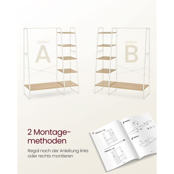 VASAGLE Kleiderständer, Garderobenständer, 45 x 120 x 160 cm Garderobe, Kleiderstange, Schuhablage, offener Kleiderschrank, 6 Haken abnehmbar, Schlafzimmer Flur, eichenfarben-mattweiß RGR116W09