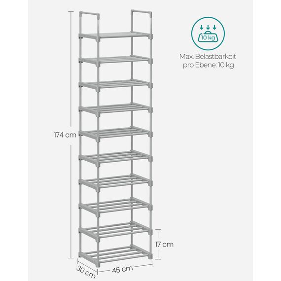 SONGMICS Schuhregal mit 10 Ebenen, offener Schuhschrank hoch, Schuhständer schmal, Schuhaufbewahrung, aus Metall, platzsparend, für Ankleidezimmer, Flur, 30 x 45 x 174 cm, grau LSA025G02