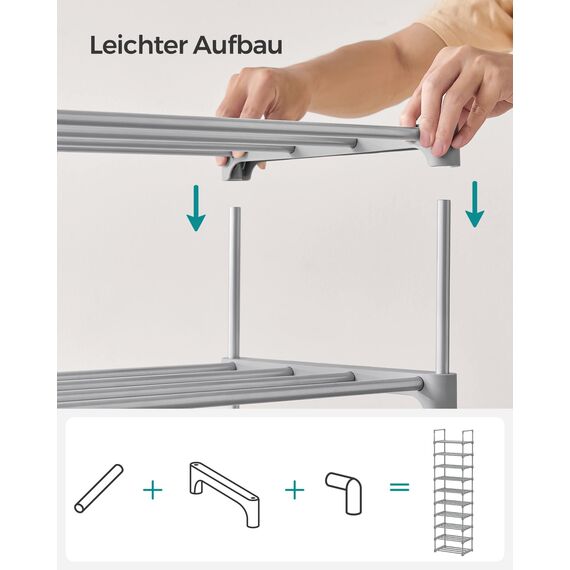 SONGMICS Schuhregal mit 10 Ebenen, offener Schuhschrank hoch, Schuhständer schmal, Schuhaufbewahrung, aus Metall, platzsparend, für Ankleidezimmer, Flur, 30 x 45 x 174 cm, grau LSA025G02