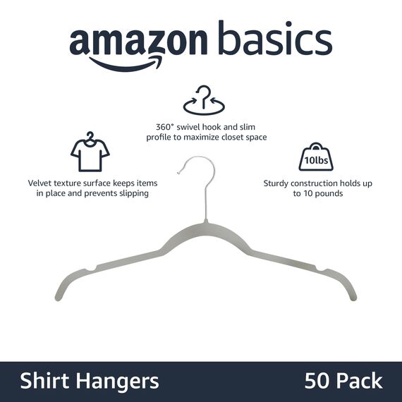 Amazon Basics Kleiderbügel für Hemd / Kleid, mit Samt überzogen 50er-Pack, Grau