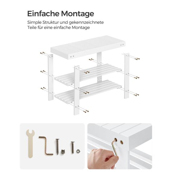 SONGMICS Schuhbank, Schuhregal mit 3 Ebenen, Schuhablage aus Bambus, bis 130 kg belastbar, 28,7 x 70,1 x 45,3 cm, für Flur, Badezimmer, Schlafzimmer, weiß LBS004W01