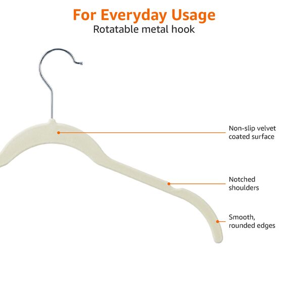 Amazon Basics Kleiderbügel für Hemd/Kleid, mit Samt überzogen, 50er-Pack, Elfenbein