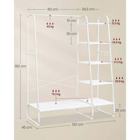 VASAGLE Kleiderständer, Garderobenständer, 45 x 120 x 160 cm Garderobe, Kleiderstange, Schuhablage, offener Kleiderschrank, 6 Haken abnehmbar, Schlafzimmer Flur, wolkenweiß-mattweiß RGR116W02