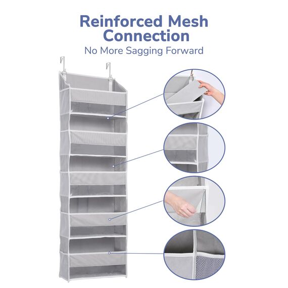 ULG Tür-Organizer, 5 große Taschen, 10 Mesh-Taschen, 20 kg Tragkraft, Hängender Organizer für Spielzeug, Schuhe, Windeln, Grau, 5 Ebenen