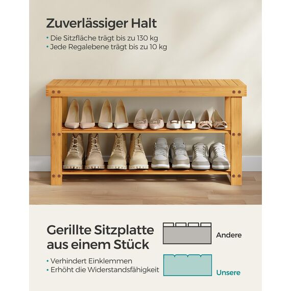SONGMICS Bambus Schuhregal, Schuhschrank mit Sitzbank, Schuhbank mit 3 Ablagen 90 x 28 x 45 cm ideal für Wohnzimmer, Flur, Bad, Diele, LBS90N