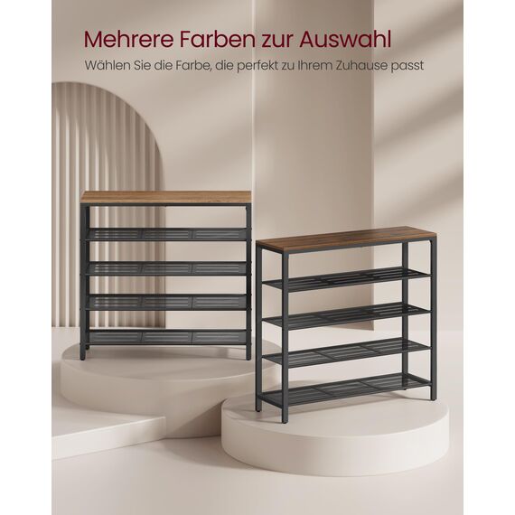 VASAGLE Schuhregal, Schuhablage mit 4 Gitterebenen und großzügiger Oberfläche für Taschen, für den Eingangsbereich, Flur, Metall, Industrie-Design, naturwalnussfarben-tintenschwarz LBS015K02