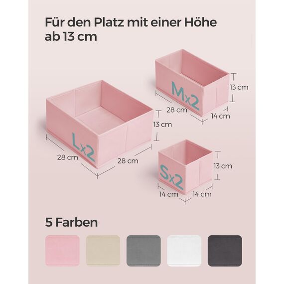 SONGMICS Aufbewahrungsbox für Schublade, 6er Set, Schubladen Organizer, Faltbox, Unterwäsche Organizer, Stoffbox für Socken, Unterwäsche, BHs, Krawatten und Schals, pastellrosa RDZ06PK