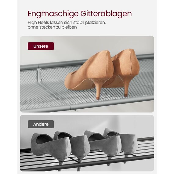 VASAGLE Schuhregal, Schuhablage, 5 Ebenen, große Oberfläche, verstellbare Gitterablagen, platzsparend für Eingangsbereich Flur, Metall, Industrie-Stil, anthrazitgrau-metallisches Silber LBS038E22