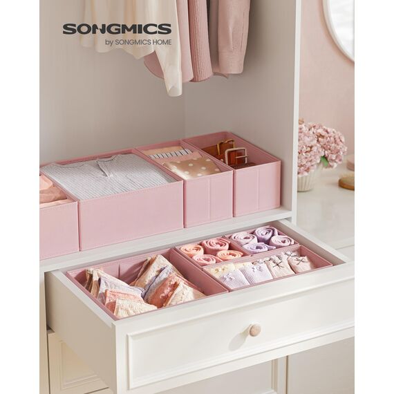 SONGMICS Aufbewahrungsbox für Schublade, 6er Set, Schubladen Organizer, Faltbox, Unterwäsche Organizer, Stoffbox für Socken, Unterwäsche, BHs, Krawatten und Schals, pastellrosa RDZ06PK