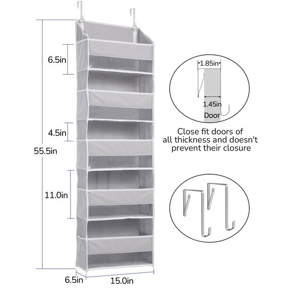 ULG Tür-Organizer, 5 große Taschen, 10 Mesh-Taschen, 20 kg Tragkraft, Hängender Organizer für Schlafzimmer, Bad, Küche, Grau, 2 Stück
