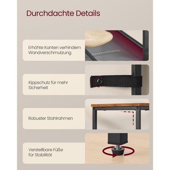 VASAGLE Schuhregal, Schuhablage, 6 Ebenen, große Oberfläche, verstellbare Gitterablagen, platzsparend für Eingangsbereich Flur, Metall, Industrie-Stil, vintagebraun-tintenschwarz LBS044KD01