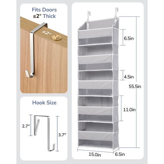 ULG Tür-Organizer, 5 große Taschen, 10 Mesh-Taschen, 20 kg Tragkraft, Hängender Organizer für Spielzeug, Schuhe, Windeln, Grau, 5 Ebenen