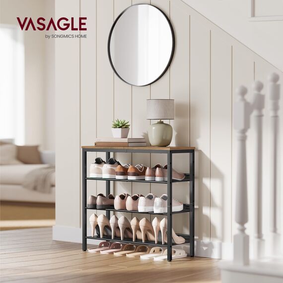 VASAGLE Schuhregal, Schuhablage, 4 Ebenen, große Oberfläche, verstellbare Gitterablagen, platzsparend für Eingangsbereich Flur, Metall, Industrie-Stil, honigbraun-tintenschwarz LBS040K01