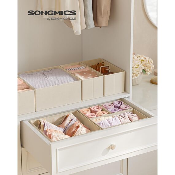 SONGMICS Aufbewahrungsbox für Schublade, 6er Set, Schubladen Organizer, Faltbox, Unterwäsche Organizer, Stoffbox für Socken, Unterwäsche, BHs, Krawatten und Schals, sandbeige RDZ006Y01