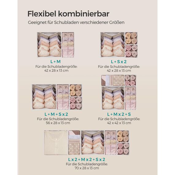 SONGMICS Aufbewahrungsbox für Schublade, 6er Set, Schubladen Organizer, Faltbox, Unterwäsche Organizer, Stoffbox für Socken, Unterwäsche, BHs, Krawatten und Schals, wolkenweiß RDZ006W01