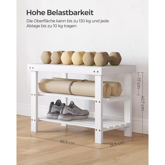 SONGMICS Schuhbank, Schuhregal mit 3 Ebenen, Schuhablage aus Bambus, bis 130 kg belastbar, 28,7 x 70,1 x 45,3 cm, für Flur, Badezimmer, Schlafzimmer, weiß LBS004W01