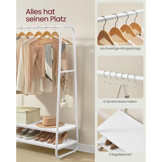 VASAGLE Kleiderständer, Garderobenständer, Garderobe, 2 Ablagen, 6 Haken in S-Form, Stahlgestell, 45 x 100 x 160 cm, für Schlafzimmer, Flur, Eingangsbereich, wolkenweiß-mattweiß RGR112W02