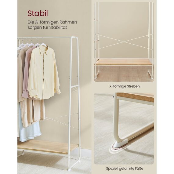 VASAGLE Kleiderständer, Garderobenständer, 45 x 120 x 160 cm Garderobe, Kleiderstange, Schuhablage, offener Kleiderschrank, 6 Haken abnehmbar, Schlafzimmer Flur, eichenfarben-mattweiß RGR116W09